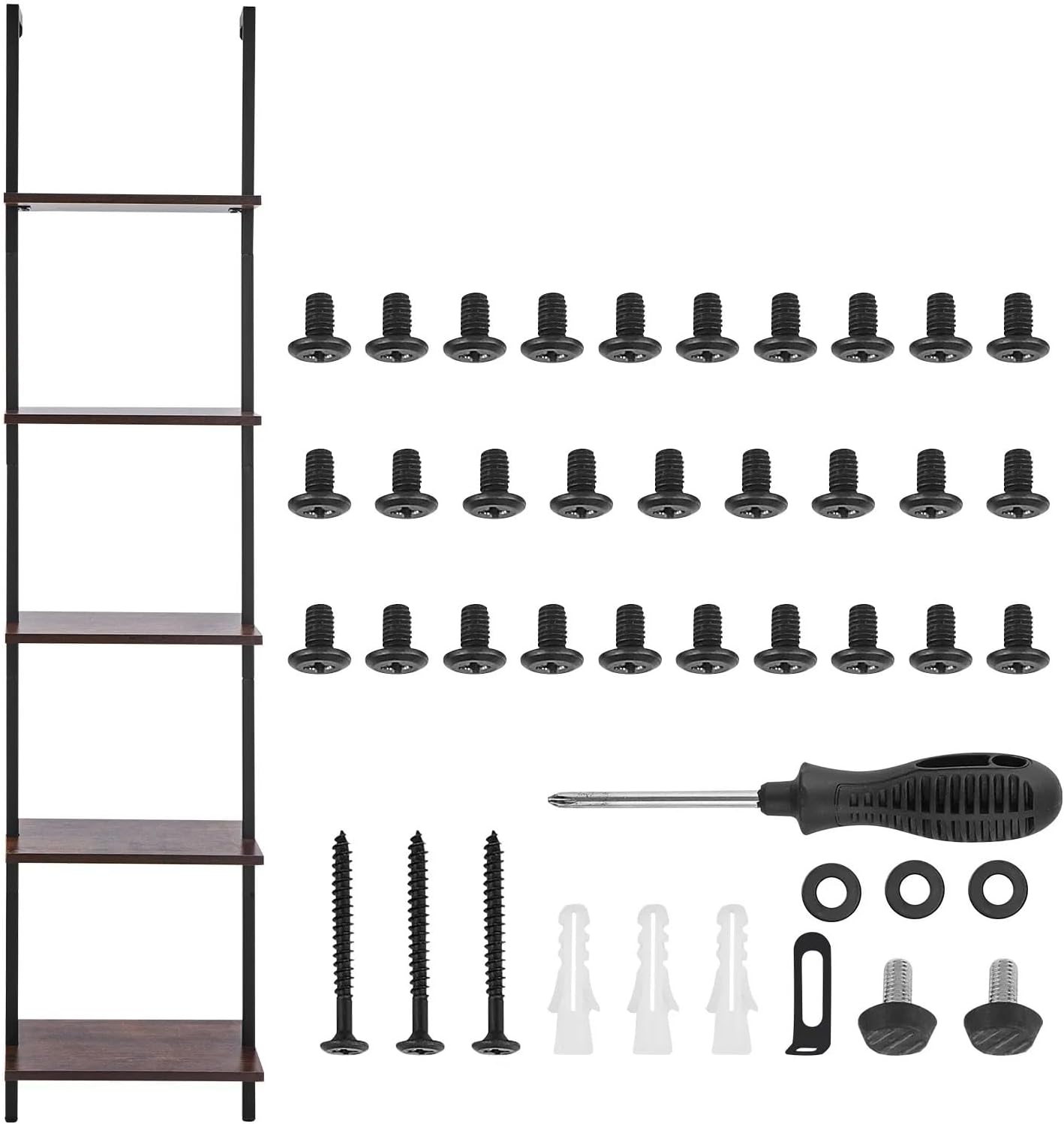 5-Tier Wall Mount Ladder Bookshelf 15.6x11.8in, Black Open Storage Rack with Metal Frame, Multipurpose Sundries Holder for Kitchen Bedroom Bathroom Living Room
