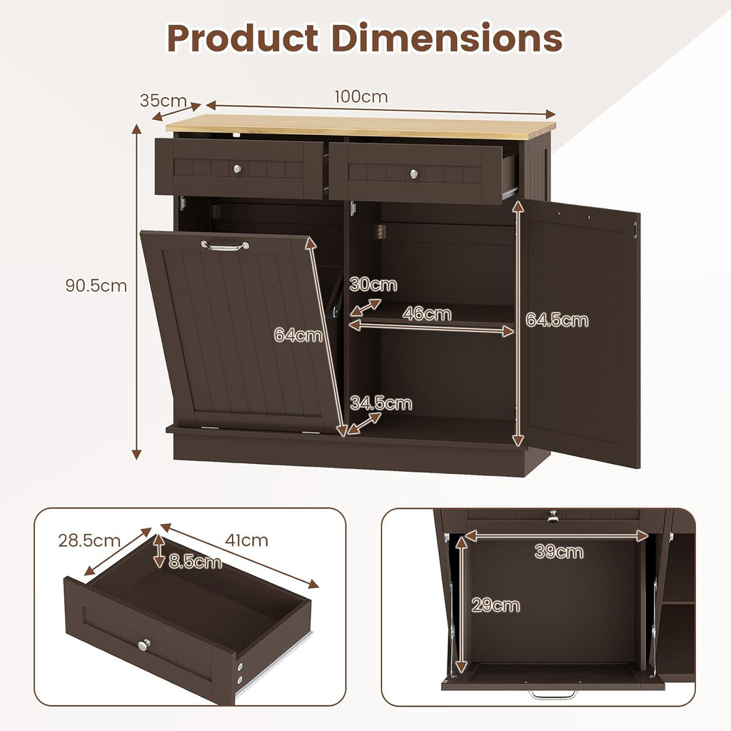 Tilt Out Trash Cabinet, Laundry Cabinet with 2 Drawers & Adjustable Shelf, Rubber Wood Counter Top, Recycle Bins for Dining Room, Kitchen (Brown)