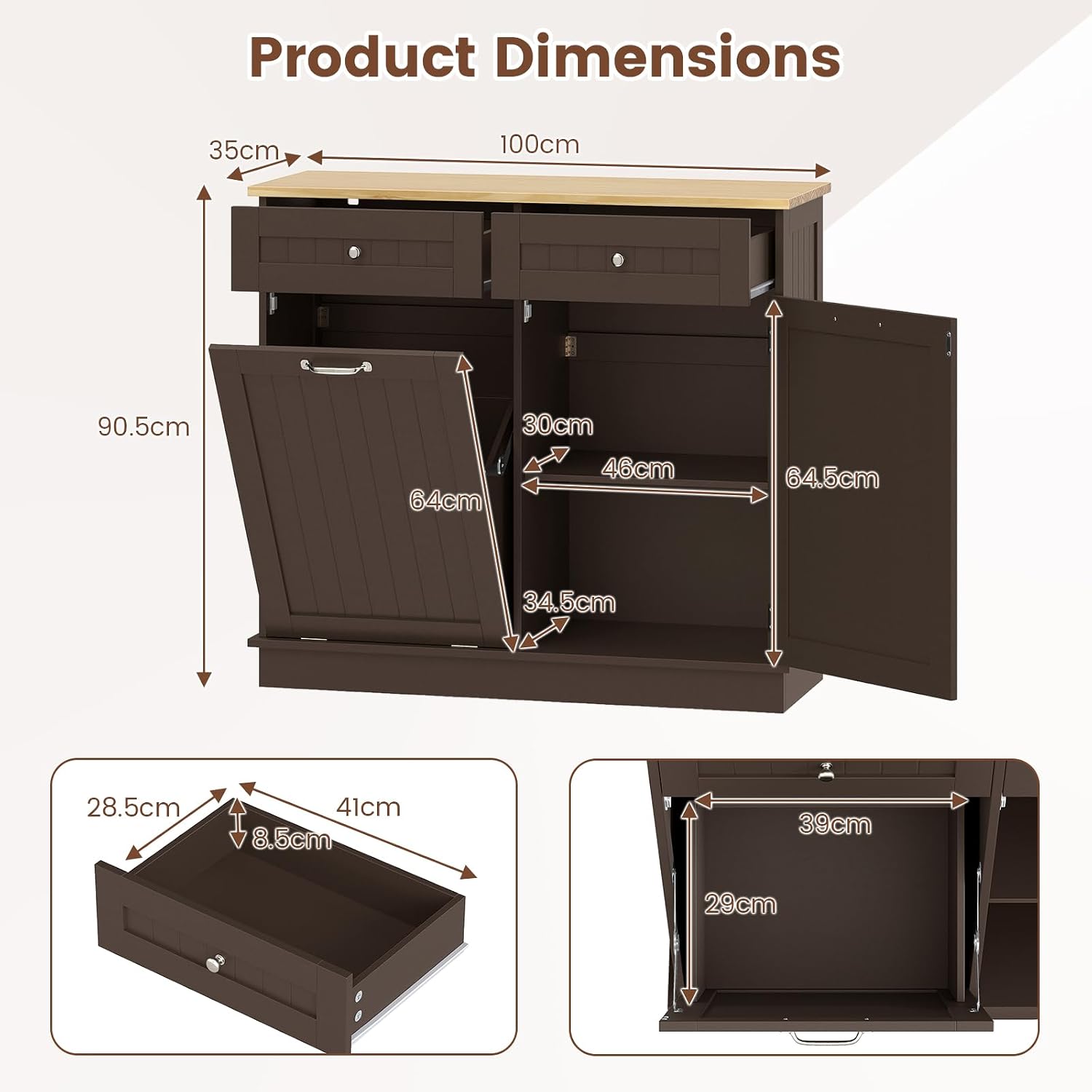 Tilt Out Trash Cabinet, Laundry Cabinet with 2 Drawers & Adjustable Shelf, Rubber Wood Counter Top, Recycle Bins for Dining Room, Kitchen (Brown)