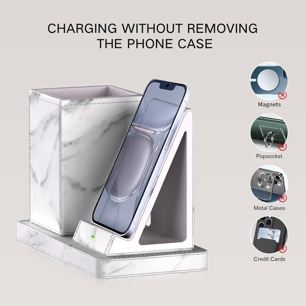 Multi-Functional Pencil Holder for Desk,marble Vegan Leather Organizers with Remote Control Holder,Pencil Holder Desk Organizer with Phone Wireless Charger for Office/Nightstand/Endtable