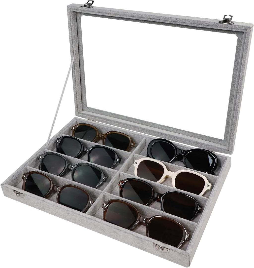 Wudygirl Jewelry organizer Sunglass Organizer 8 Slot Velvet Jewelry Tray Sunglasses Case with Lid Multi Eyeglass Case for Women Men（8 Grid