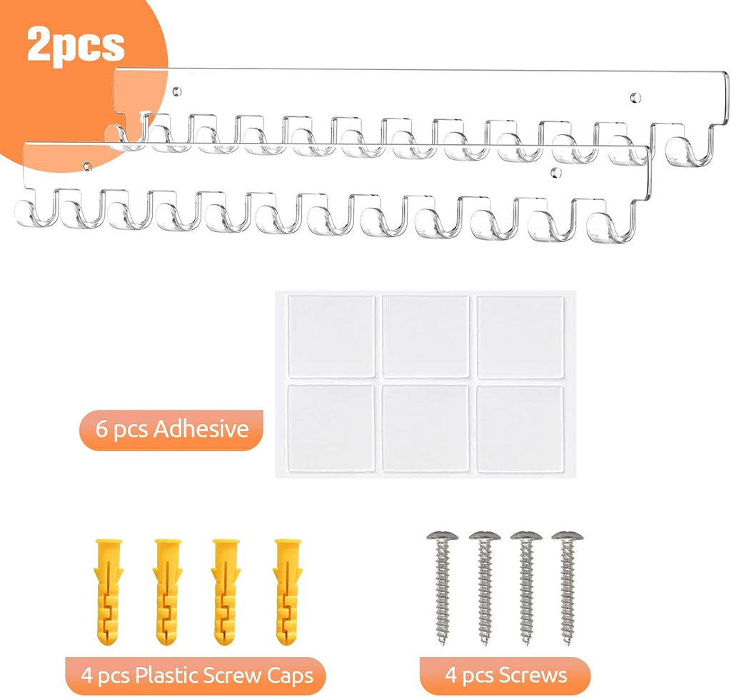 13.8 inch Acrylic Necklace Holder 2 Pack Wall Mounted Necklace Organizer Hanging Jewelry Organizer with 12 Hooks for Necklaces, Bracelets, Rings and Bangles Display