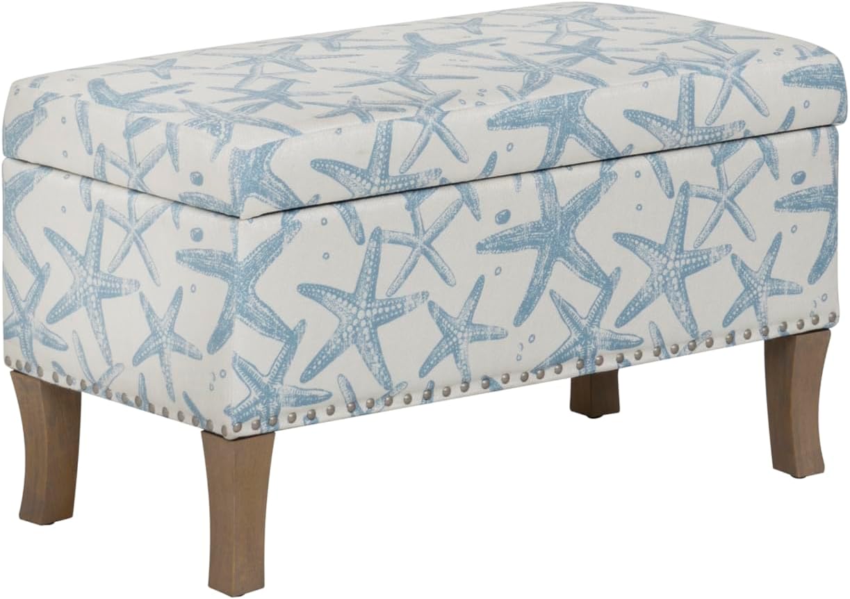Linon Stephanie Cream and Light Blue Starfish Fully Upholstered Bench with Hidden Interior Storage