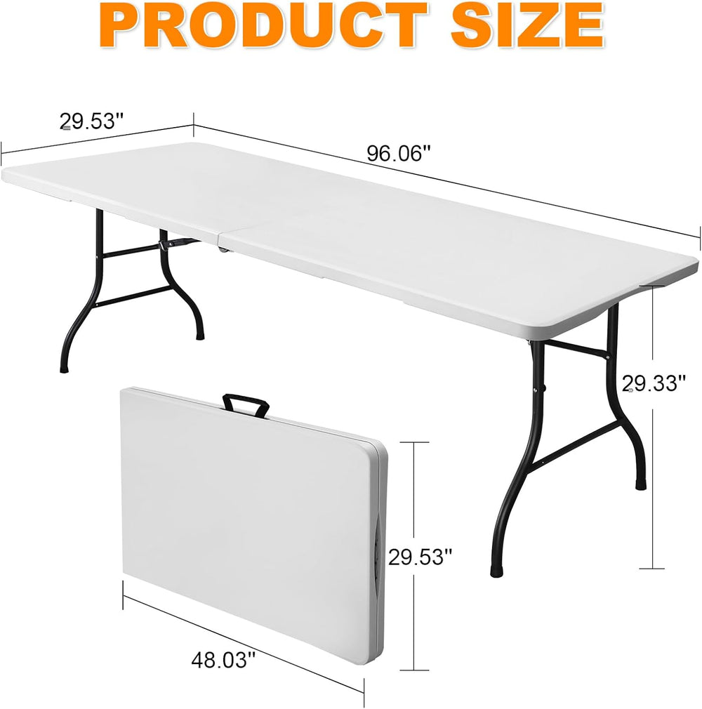 8ft Folding Table, Portable Heavy Duty Plastic Fold-in-Half Utility Table for...