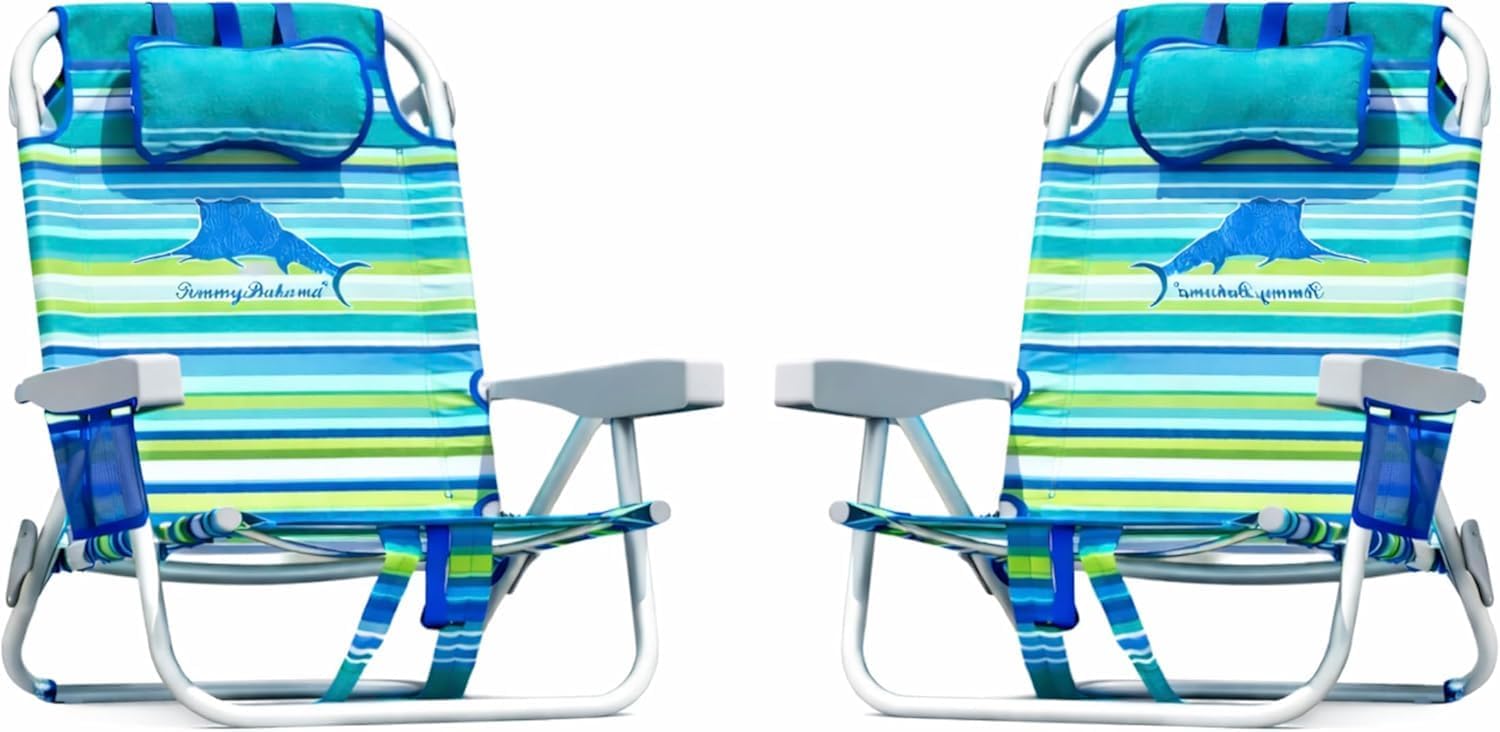 Tommy Bahama 5 Position Beach Chair, Zippered Insulated Cargo Pouch, Cup and Cell Phone Holders, Towel Bar, Pillow for Extra Comfort, Heavy-Duty Weight Capacity, 2-Pack (Aqua Stripes)