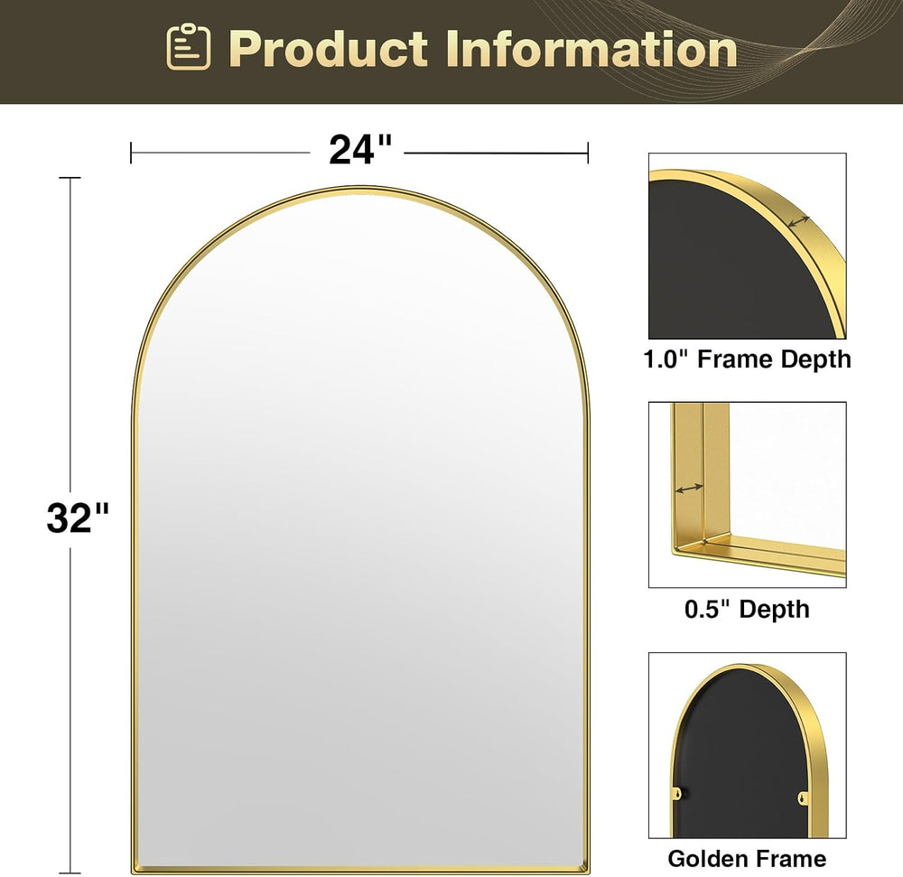 Brightify Gold Arched Mirror, 24 x 32 Inch Arch Wall Mirror, Brass Metal Fram...