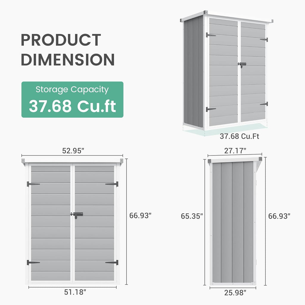 UDPATIO 38 Cu.ft Vertical Storage Shed, 4.3 ft x 5.6 ft Resin Outdoor Shed Waterproof Plastic Storage Cabinet for Garden, Backyard, Lawn, Grey