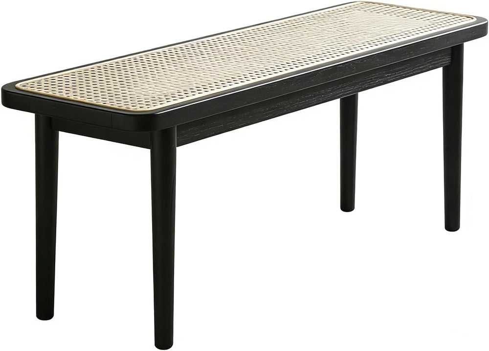 47 Inch Black Dining Bench, Solid Oak Frame | Narrow Black Rattan Bench with ...