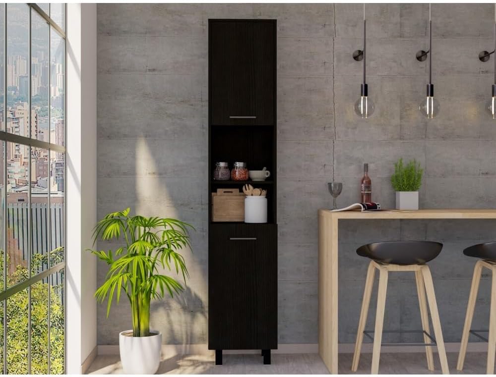 Mid-Century Kitchen Pantry, Storage Cabinet Two Open Storage Shelves, Three I...