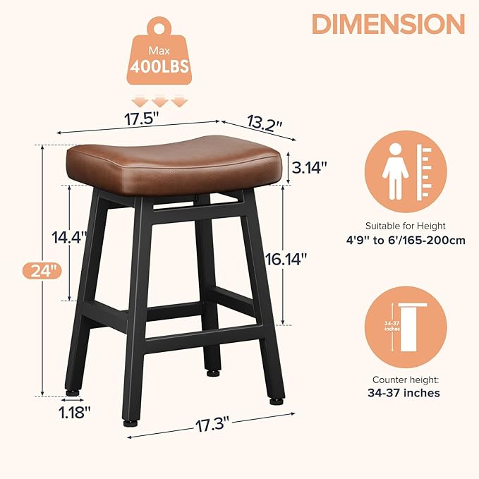Counter Height Bar Stools Set of 2, 24 Inch Barstools for Kitchen Counter, Ki...
