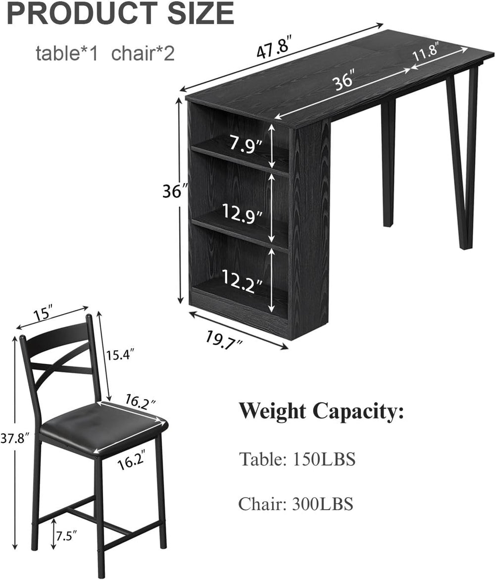 Garvee Extendable Bar Table and Chairs Set, 3 Piece Bar Table Set, Black
