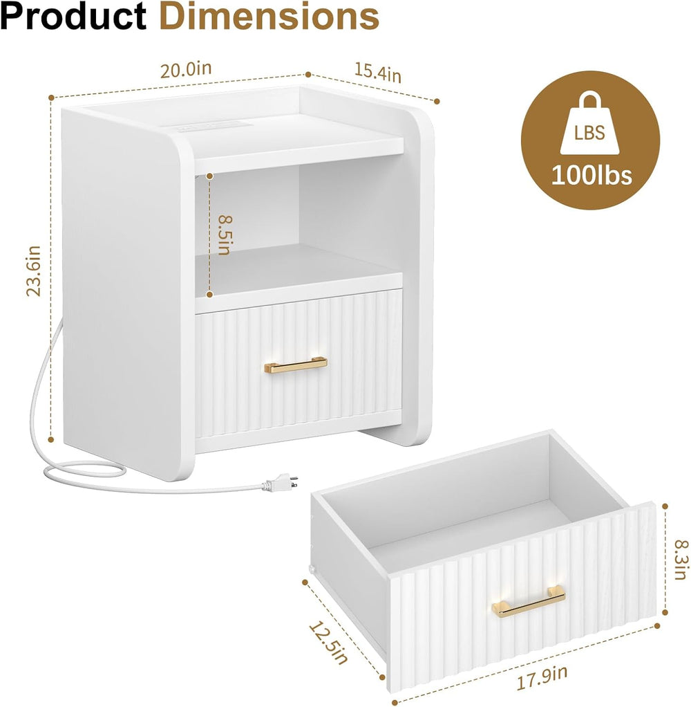 Night Stand with Charger Station - Modern Wood Nightstand with Drawer Storage...
