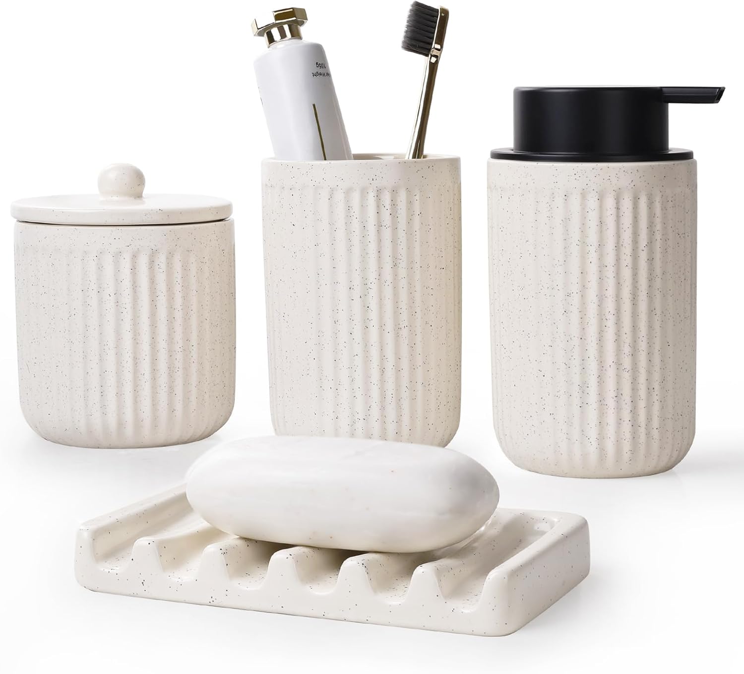 BosilunLife Ceramic Bathroom Accessories Set - Bathroom Counter Soap Set Beige Bathroom Decor Sets Accessories Bathroom Lotion Soap Dispenser and Toothbrush Holder Set, Soap Dish, Apothecary Jars