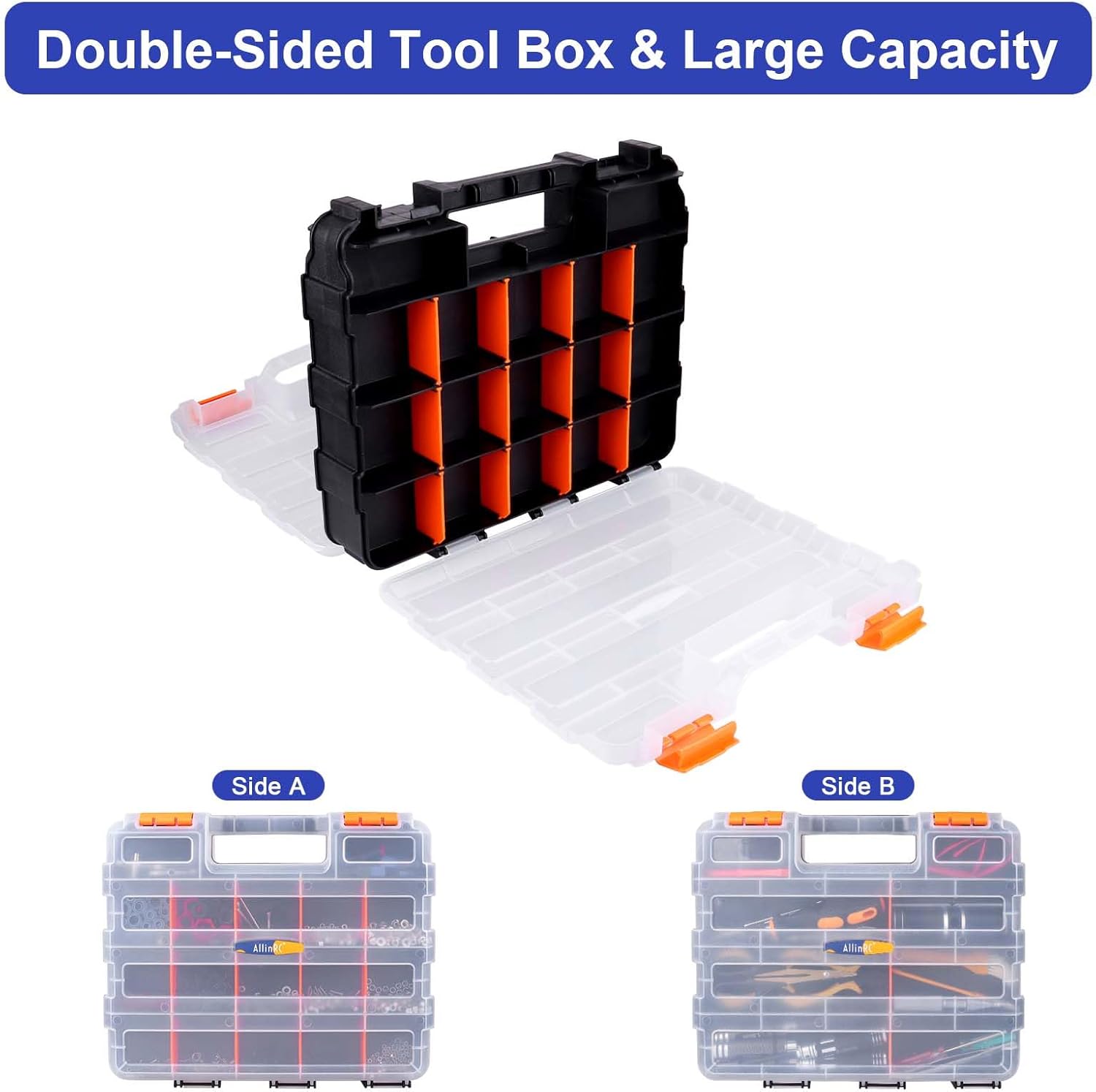 Small Parts Organizer Double Sided Parts Organizer with Removable Dividers 34-Compartments Storage Bins for Hardware, Screws, Nuts, Bolts, Washers, Nails, Fasteners, Tools