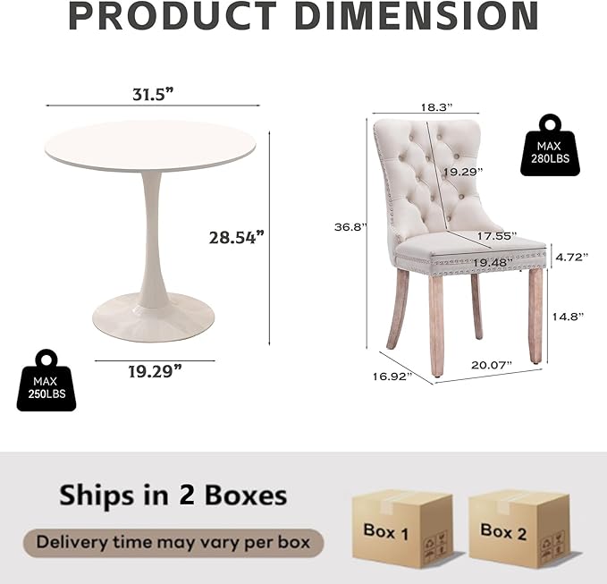 3-Piece Round Dining Table Set for 2,31.5" White Table & 2 Beige Velvet Chairs, Modern Space-Saving Kitchen Dining Set