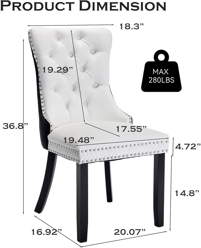Leather Upholstered Dining Chairs Set of 4, Modern Style Kitchen Side Chairs with Nailhead Trim and Wood Leg, Metal Pulling Ring for Dining Room Living Room(Black&White,Set of)
