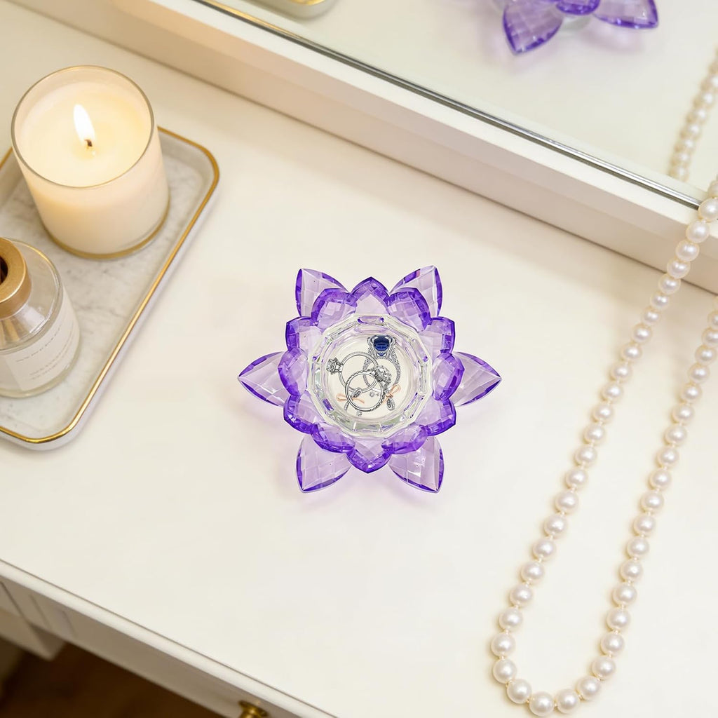 Crystal Flower Jewelry Tray, Luxury Transparent Decorative Trinket Dish for Rings, Earrings, Necklaces, Keys for Vanity Dresser Nightstand, Elegant Gift for Women Mother's Day (1, 4.4"(w) - Purple)