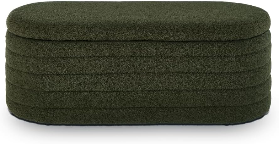 Modern Oval Storage Ottoman Bench, Upholstered Boucle Teddy Fabric End of Bed...