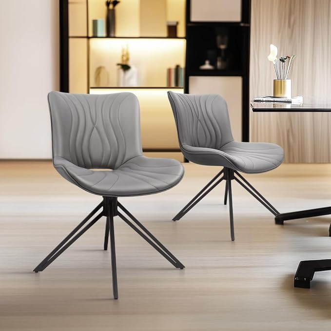 Dining Chairs Set of 4, 360° Swivel Upholstered Mid-Century Modern Kitchen Dining Room Chairs, Armless Faux Leather Accent Side Chair with Padded Back, Metal Legs for Living Room Bedrooms,Grey