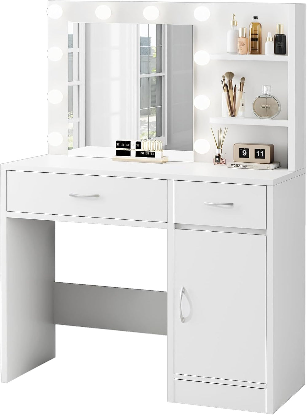 LIVELYGLOW 35.4" White Makeup Vanity Desk with 10 Hollywood Light Bulbs ...