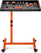 Adjustable Work Table with Wheels, Mechanic Rolling Tool Tray Table for Garage Repair Shops DIY, 220LBS Capacity Mobile Heavy Duty Steel Tool Cart (Orange)