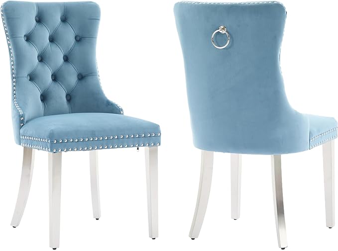 Luxury Upholstered Dining Chairs Set of 2, Light Blue Kitchen Chair with Silver Metal Legs, Velvet Tufted Back Dining Chair, Sillas de Comedor, Modern Kitchen & Dining Room Chairs (Light Blue, 2 Pcs)