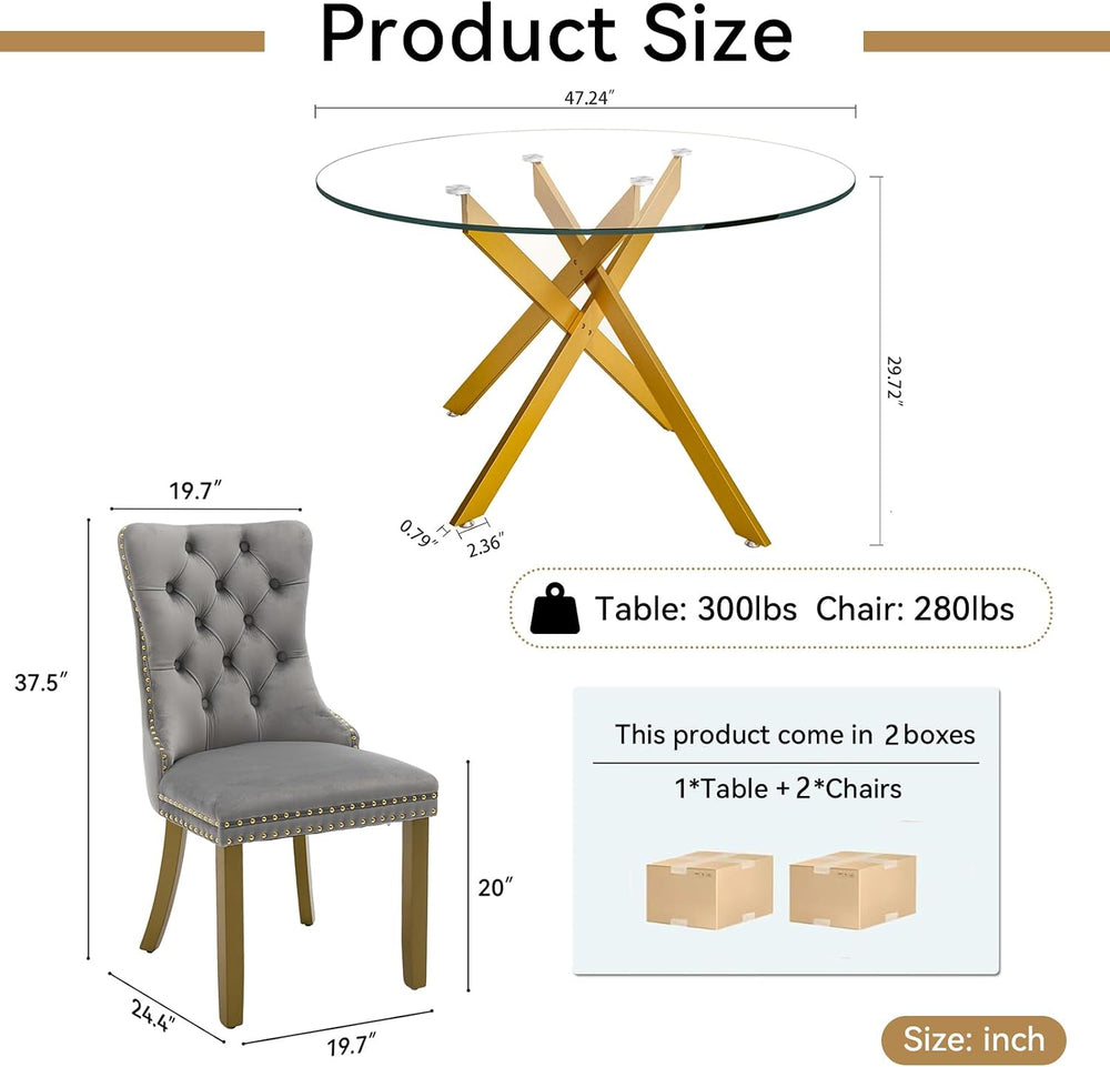 Glass Dining Room Table Set for 2, 47" Circle Glass Dining Table for 2 w...