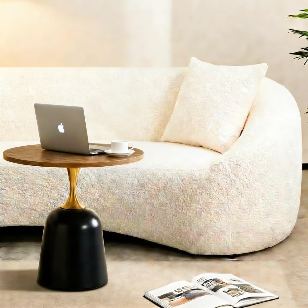 Round Side Table, 23.6 Inch, Walnut Wood Top with Black and Gold Metal Base, ...