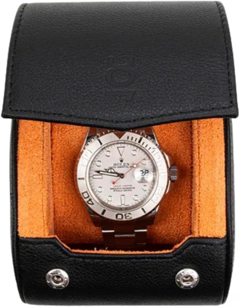 DailyWatch | Watch Roll Travel Case For 1 Watch | Luxury Watch Case In Genuine Black Leather With Soft Velvet Interior | Watch Case Protect, Store, & Display Your Watches | Black Orange