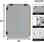 MZON 24x32 Inch Gold Bathroom Mirror – Brushed Gold Rectangular Vanity Mirror, Wall-Mounted, Anti-Rust Metal Frame, Tempered Glass, Vertical & Horizontal Hanging