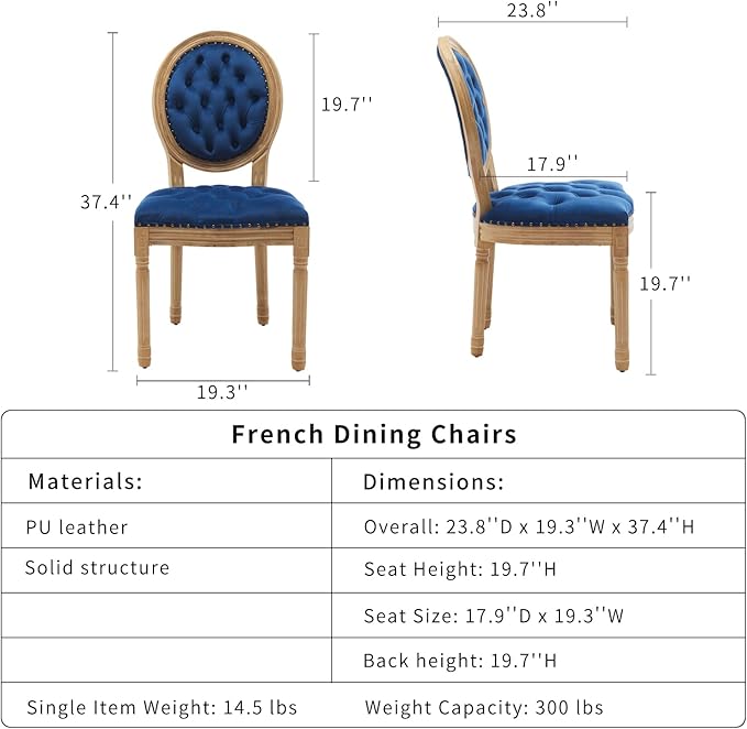 French Country Dining Chairs Set of 8, Blue Kitchen & Dining Room Chairs, Velvet Kitchen Chairs, Tufted Upholstered, Wood Legs, Sillas De Comedor (Velvet, Blue, 8 Pcs)