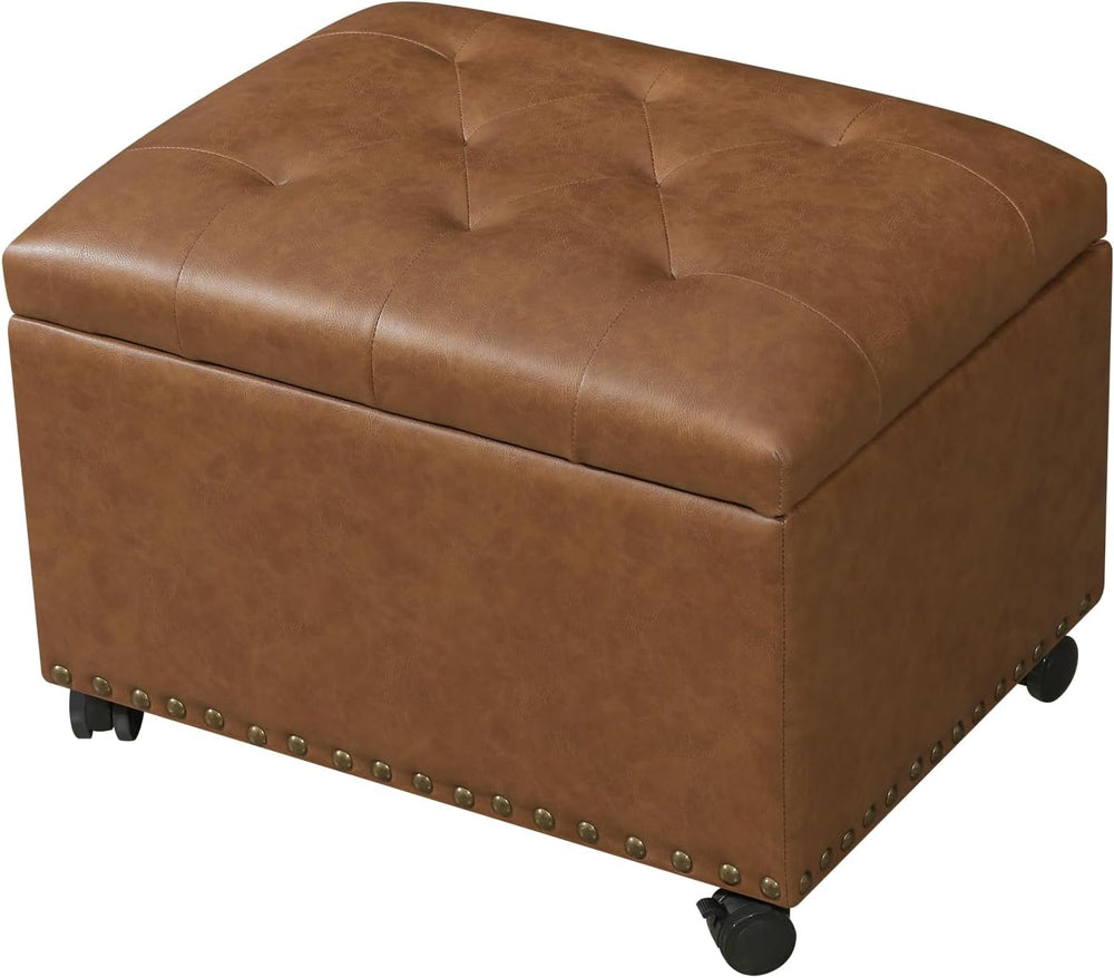 Leather Storage Ottoman,24’’Foot Rest Ottomans with Wheels and Hinged Lid Rec...