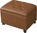 Leather Storage Ottoman,24’’Foot Rest Ottomans with Wheels and Hinged Lid Rectangle Upholstered Foot Stools Nailhead Trim for Living Room Bedroom,Vintage Golden Brown