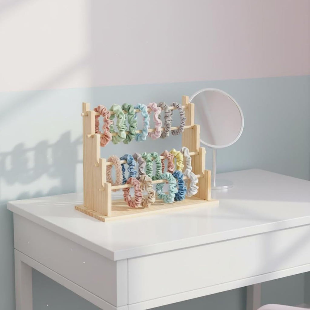Hair Hoop Shelf Wooden Organizer Multi-Tier Headband Rack Scrunchie Display Ladder Stand Solid Wood Structure Suitable for Bedroom Vanity Dorm Wardrobe, Modern-C