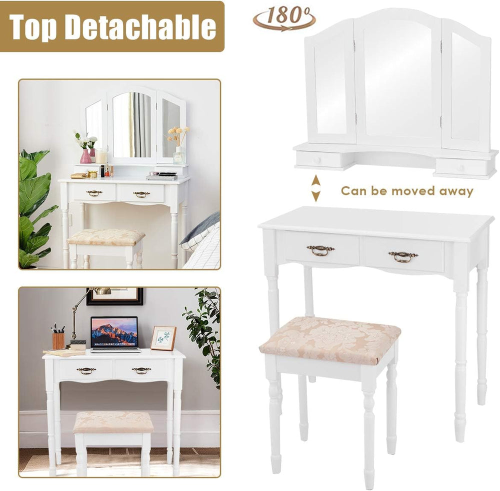 GIANTEX Vanity Set with Tri-Folding Mirror, Makeup Dressing Table with 4 Draw...