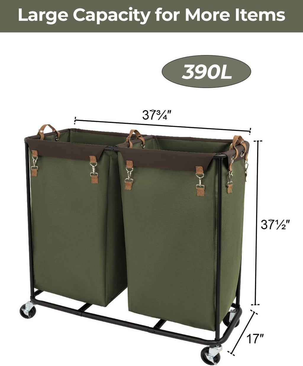 StorageWorks 390L Extra Large Lanudry Hamper with Wheels, 2 Sections Laundry Basket with Wheels, Clothes Sorter Cart with Divider for Hotel, Home, Green, 37.75"L x 17"W x 37.5"H