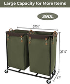 StorageWorks 390L Extra Large Lanudry Hamper with Wheels, 2 Sections Laundry Basket with Wheels, Clothes Sorter Cart with Divider for Hotel, Home, Green, 37.75"L x 17"W x 37.5"H