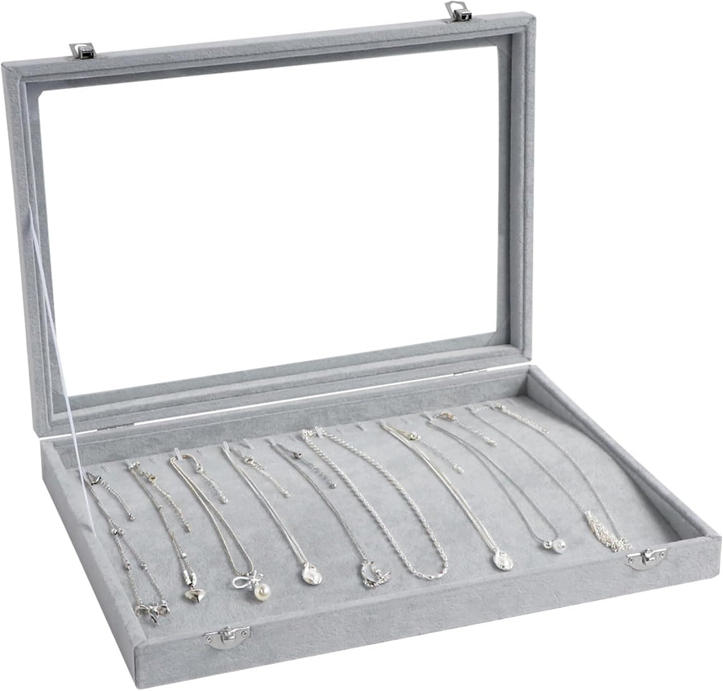 Wudygirl 20 Hooks Necklace Organizer Velvet Jewelry Organizer Showcase for Necklaces Jewelry Box Stackable Glass Top Lockable (Necklace Organizer)