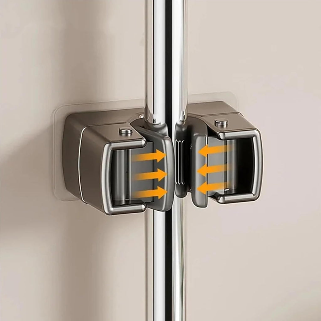 4 Pack Heavy Duty Mop Holder Wall Mount, Strong Adhesive Hanger for Broom Closet Organizer, Space Saving Utility Hooks for Bathroom Kitchen Garage Storage