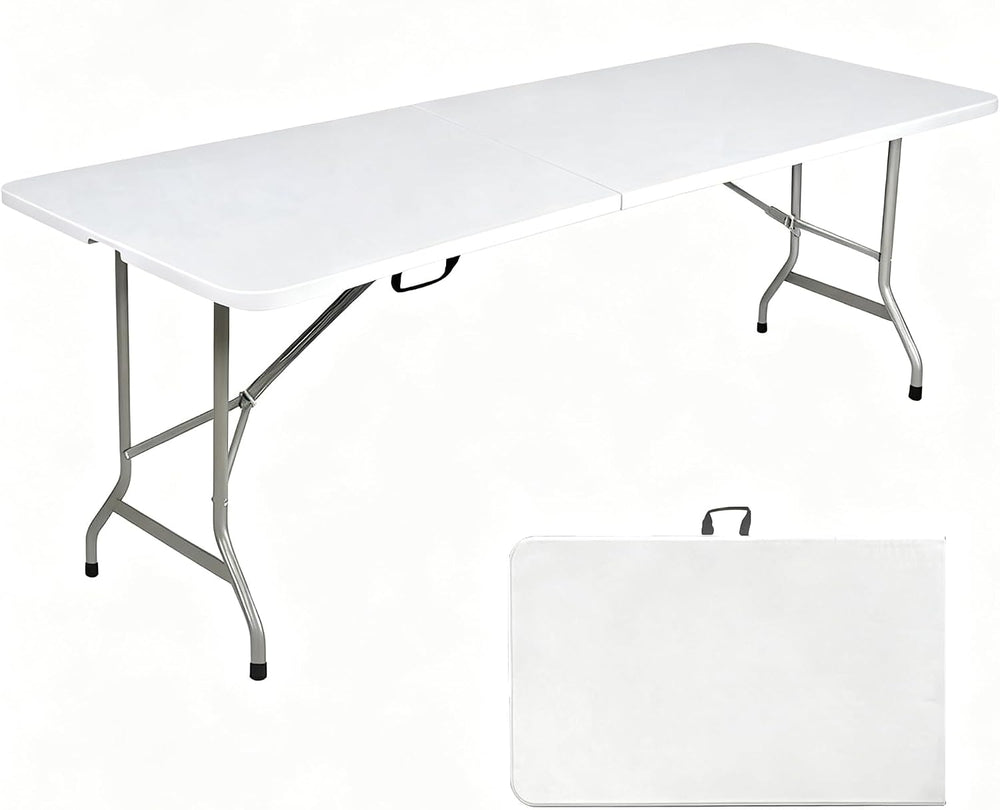 Folding Table 8ft, Heavy Duty Foldable Plastic 8 Foot Banquet Table | White H...