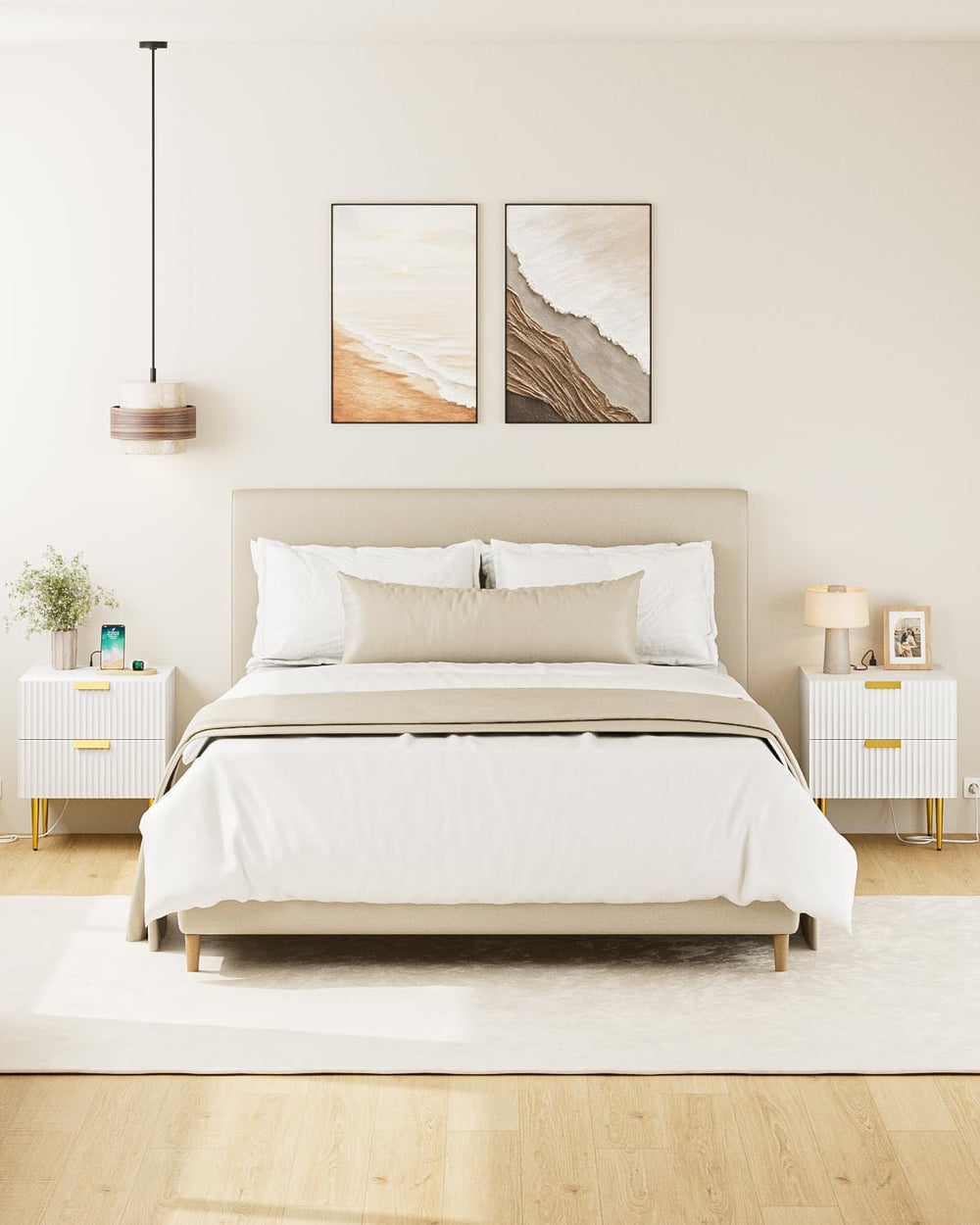 Nightstand with Charging Station, Bedside Table with Gold Frame,White Night S...