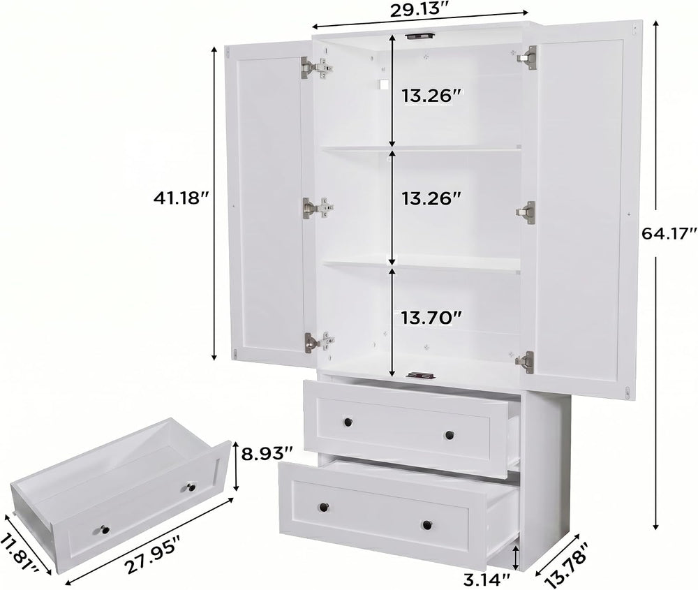 DIYART 64.2" Tall White Kitchen Pantry, Storage Cabinet with Doors and D...