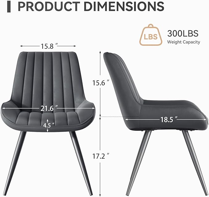 Modern Dining Chairs Set of 2,Upholstered Dining Room Chairs with Thick Cushions,Fabric Comfy Dining Chairs with Metal Legs for Dining Room Dark Grey
