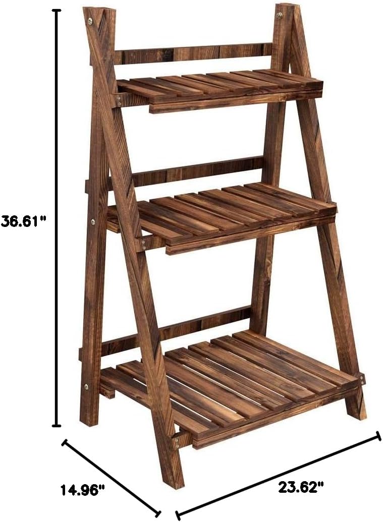 Yaheetech Wooden Plant Stand, 3 Tier Plant Stand, Foldable Ladder Shelves | Ladder Plant Stand & Outdoor Plant Shelf with Wall-Leaning Design for Living Room, Bedroom, Balcony or Patio; Simple Assembly