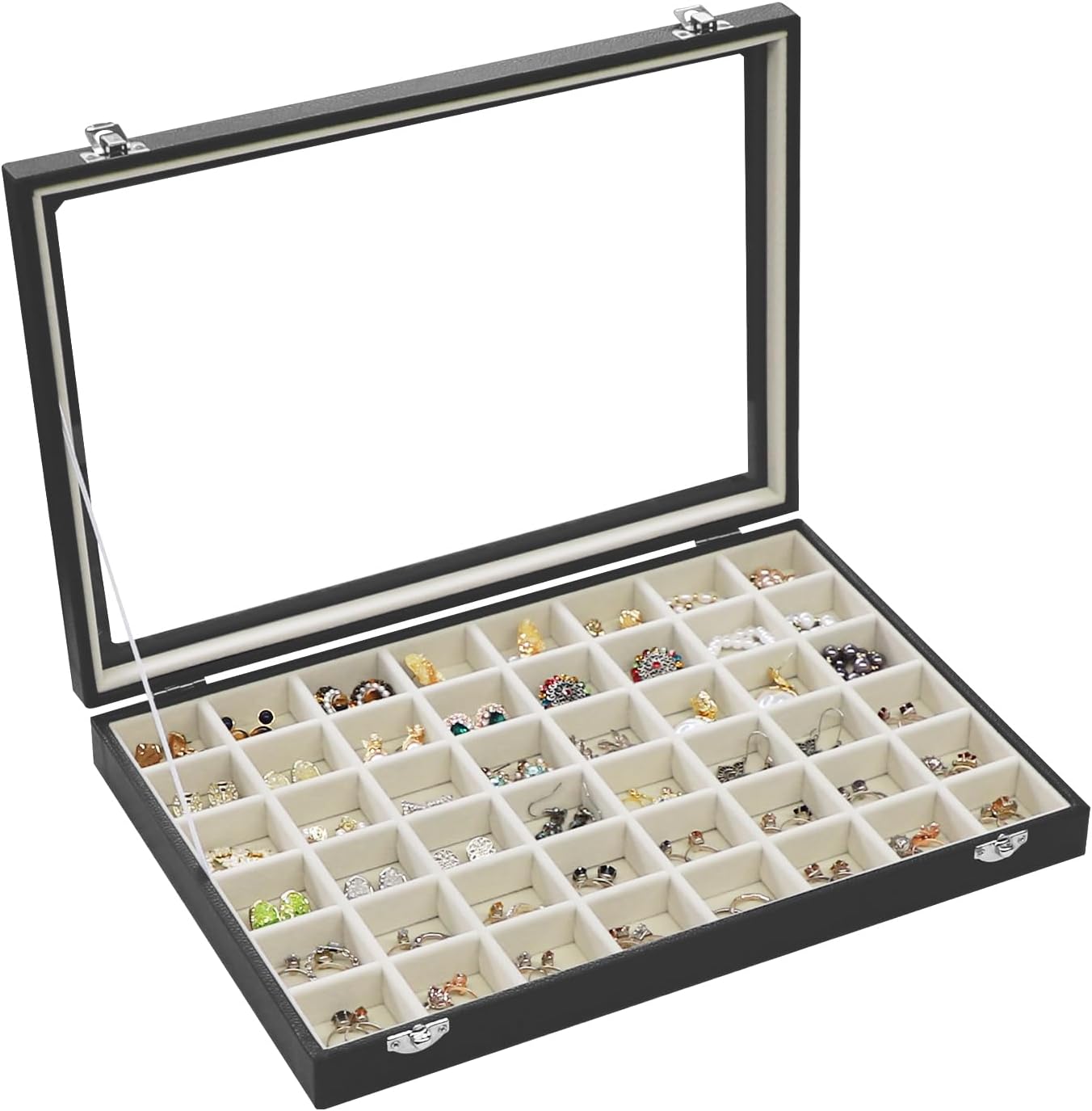 Stratalife 48 Grid Earring Organizer, Jewelry Holder Organizer with Lid | PU Leather Storage Box for Earring, Ring, Studs and Trinkets, Soft Velvet Drawer Organizer for Women, Dustproof, Beige Black