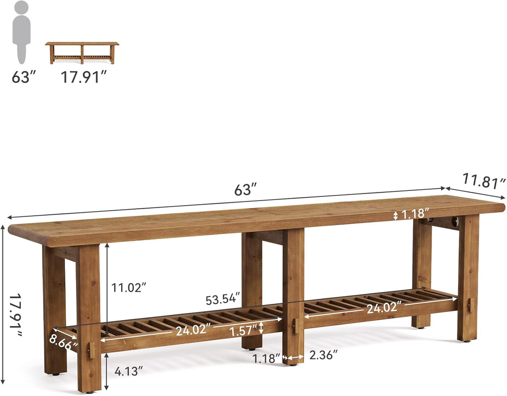 LITTLE TREE Solid Wood Entryway Shoe Bench, 63" Farmhouse Narrow End of ...