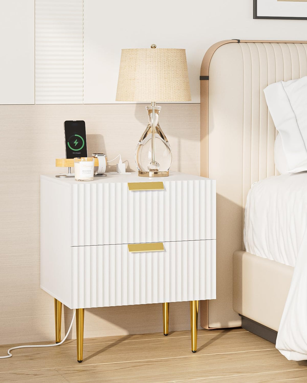 Nightstand with Charging Station, Bedside Table with Gold Frame,White Night S...