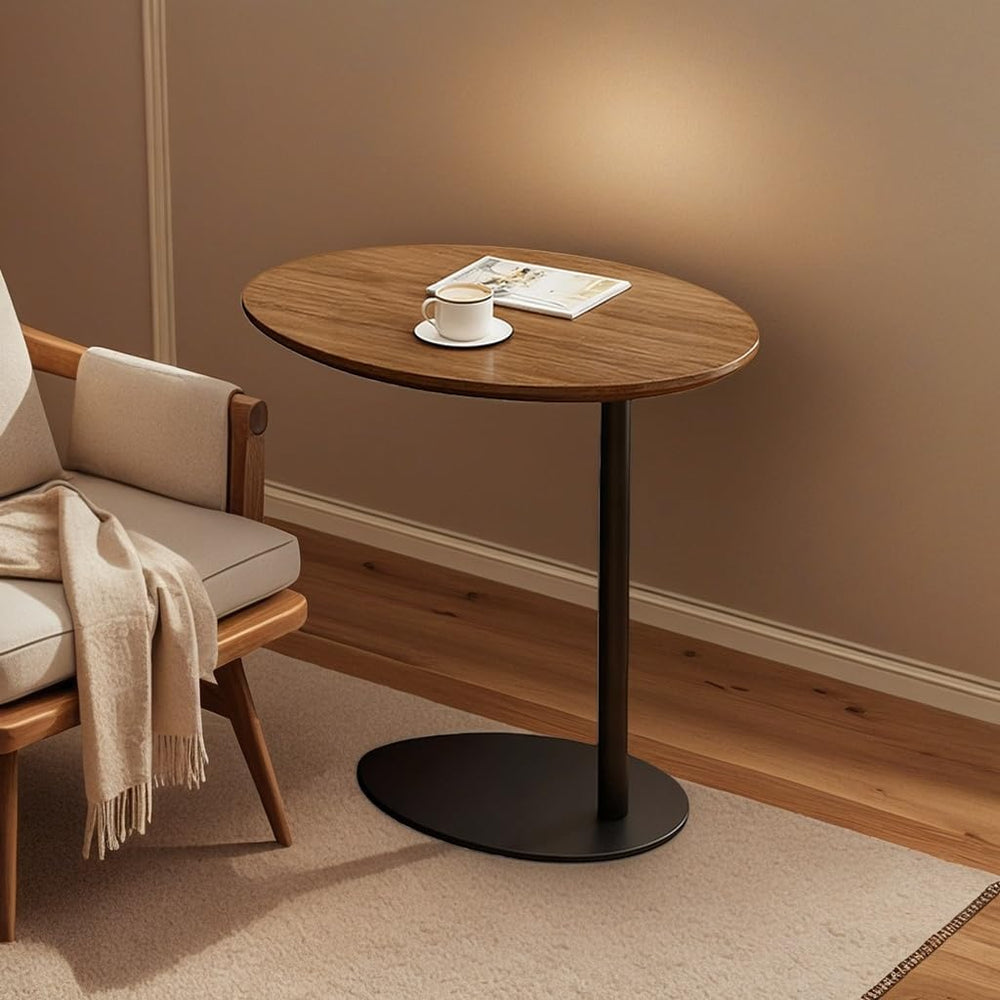 C Shaped End Table, Sofa Side Table with Metal Base, Solid Wood Side Table Su...