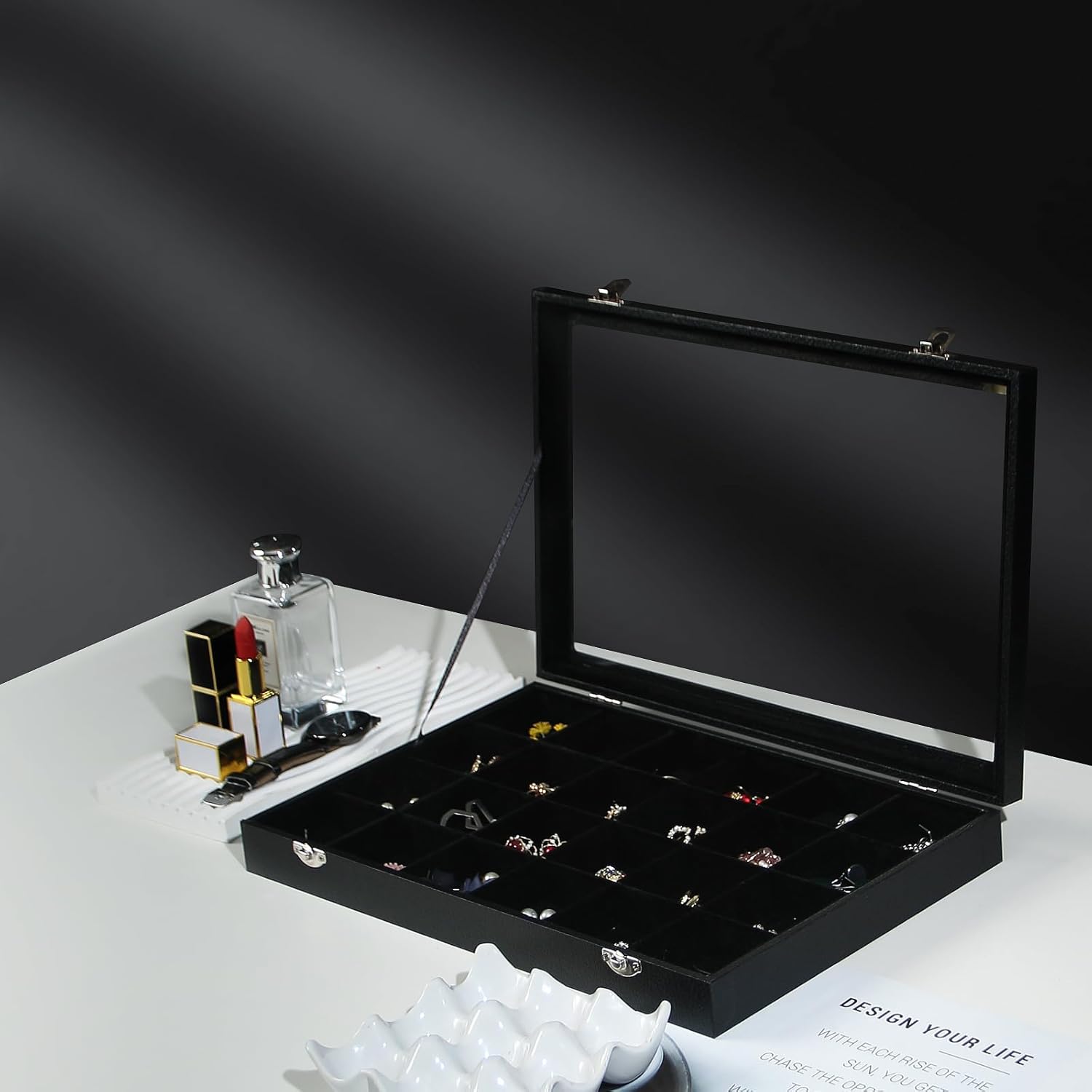 Coward Jewelry Organizer Box, Black Velvet 24 Grids Ring Earring Jewelry Display Tray Case with Transparent Glass Lid for Home Drawer or Shop Selling