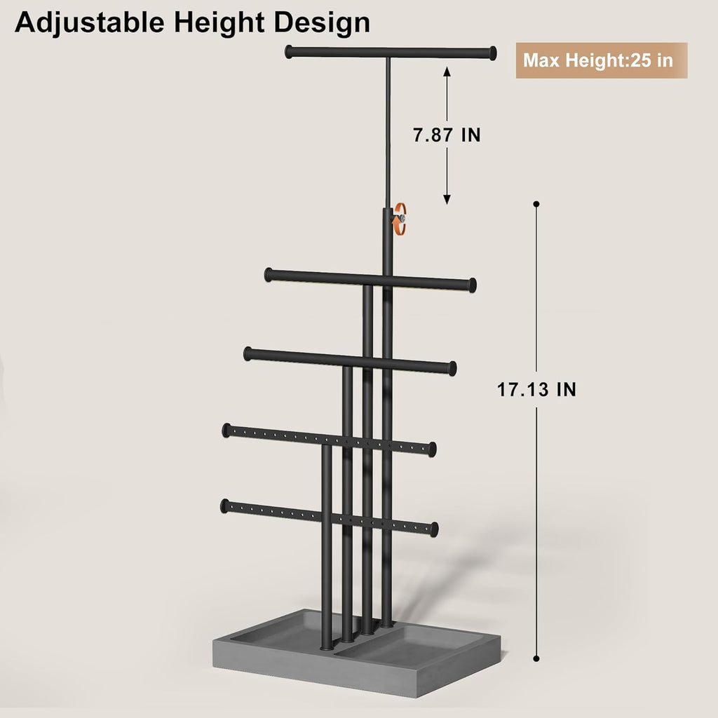 Love-KANKEI Jewelry Organizer Stand, 5 Tier Large Necklace Holder with Wood Base, Jewelry holder stand Tree for Display, Bracelets Earrings Rings, Height Adjustable Gift Weathered Grey